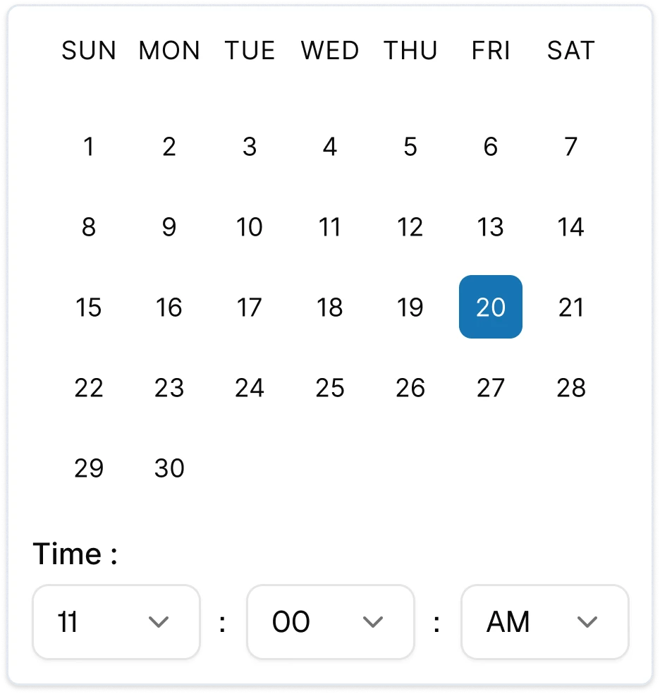 Interview date and time picker with the 20th highlighted